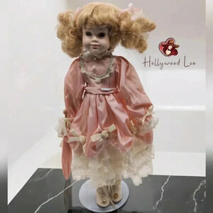 Patricia Rose Porcelain Doll Blonde Curly hair 16 in pink dress